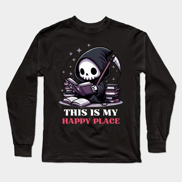 This Is My Happy Place - Cute Reaper Reading A Book Long Sleeve T-Shirt by Kawaii N Spice